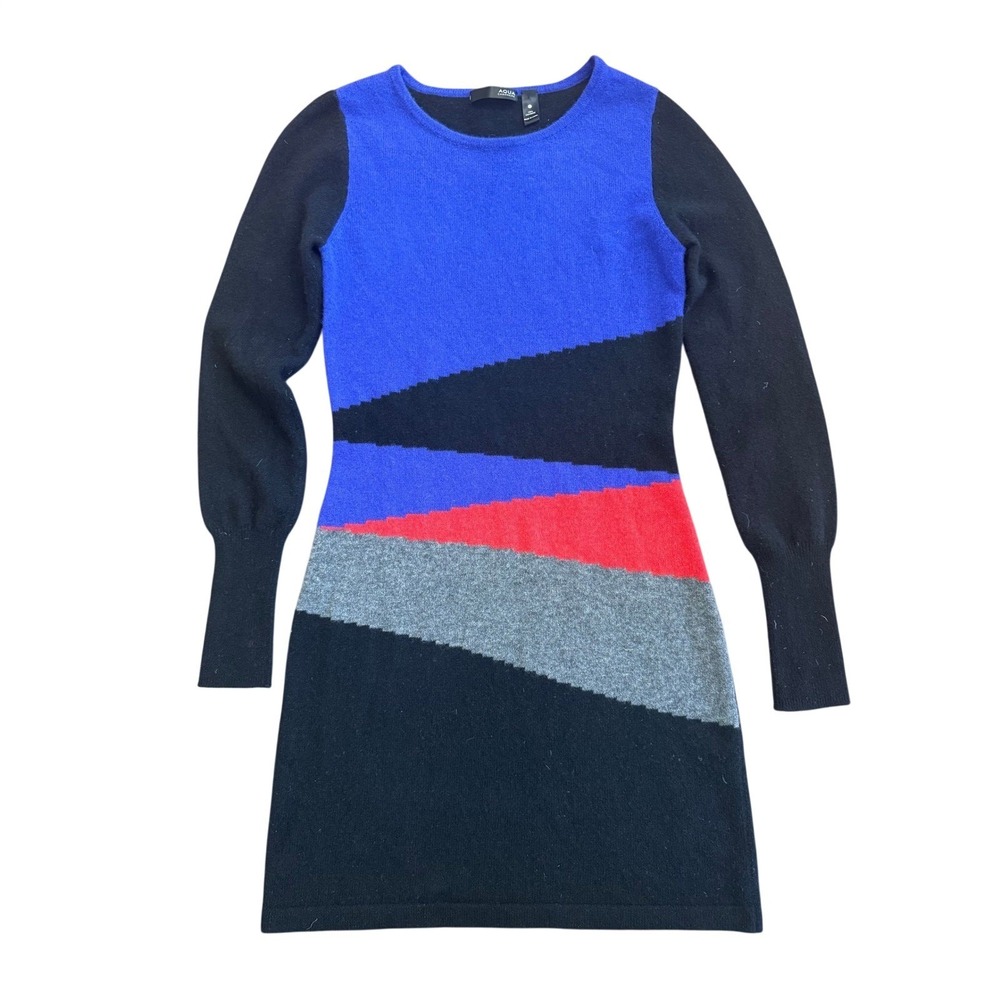 AQUA Cashmere Dress Womens XS Blue Black Red Geometric Colorblock Sweater Mini